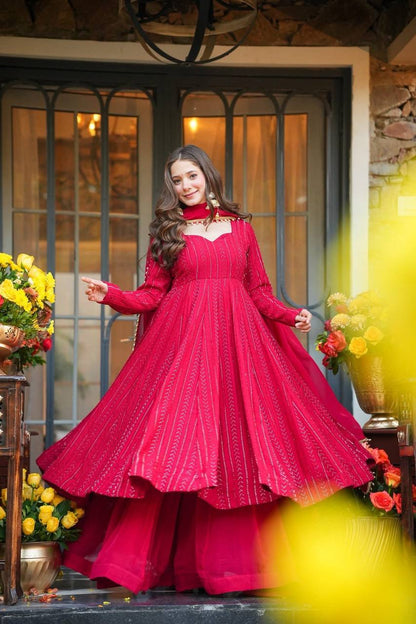 RED LUXURY BLOOMING GEORGETTE FULL SLEEVES ANARKALI SET WITH PLAZZO
