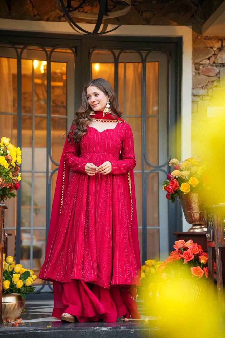 RED LUXURY BLOOMING GEORGETTE FULL SLEEVES ANARKALI SET WITH PLAZZO