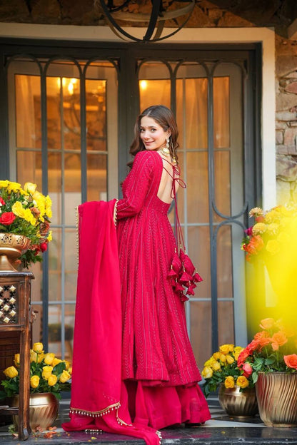 RED LUXURY BLOOMING GEORGETTE FULL SLEEVES ANARKALI SET WITH PLAZZO