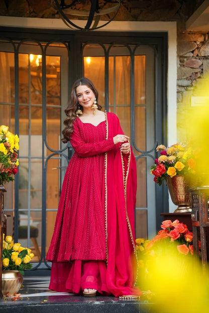 RED LUXURY BLOOMING GEORGETTE FULL SLEEVES ANARKALI SET WITH PLAZZO