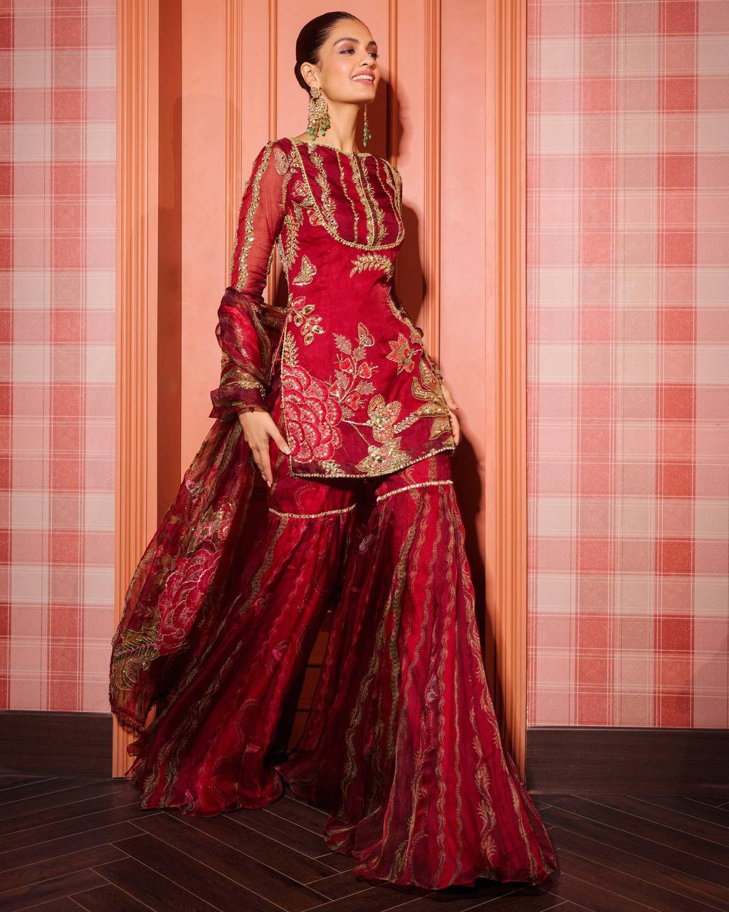 RED LUXURY SOFT ORGANZA FULL SLEEVES SHARARA SET
