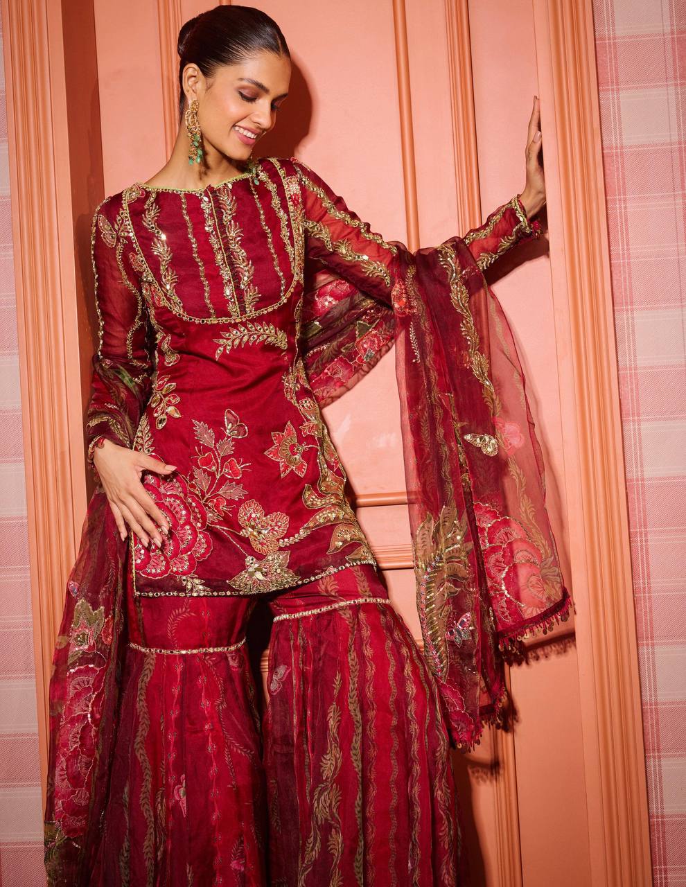 RED LUXURY SOFT ORGANZA FULL SLEEVES SHARARA SET