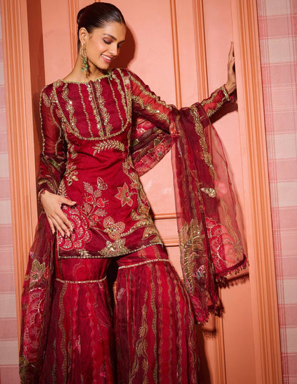 RED LUXURY SOFT ORGANZA FULL SLEEVES SHARARA SET