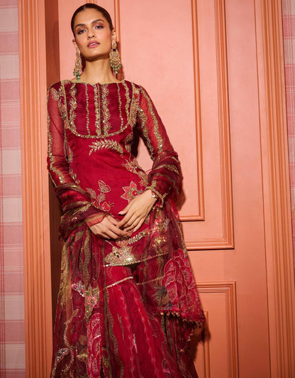 RED LUXURY SOFT ORGANZA FULL SLEEVES SHARARA SET