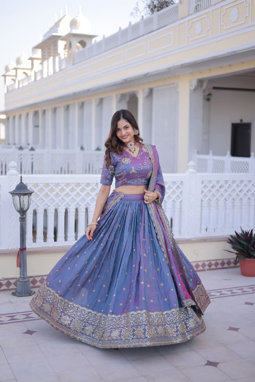 SILK EMBROIDERED LEHENGA CHOLI WITH DUPATTA SEQUINS & ZARI WORK