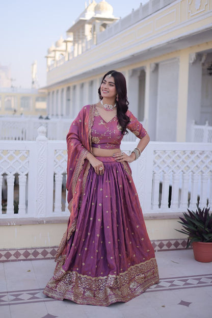SILK EMBROIDERED LEHENGA CHOLI WITH DUPATTA SEQUINS & ZARI WORK