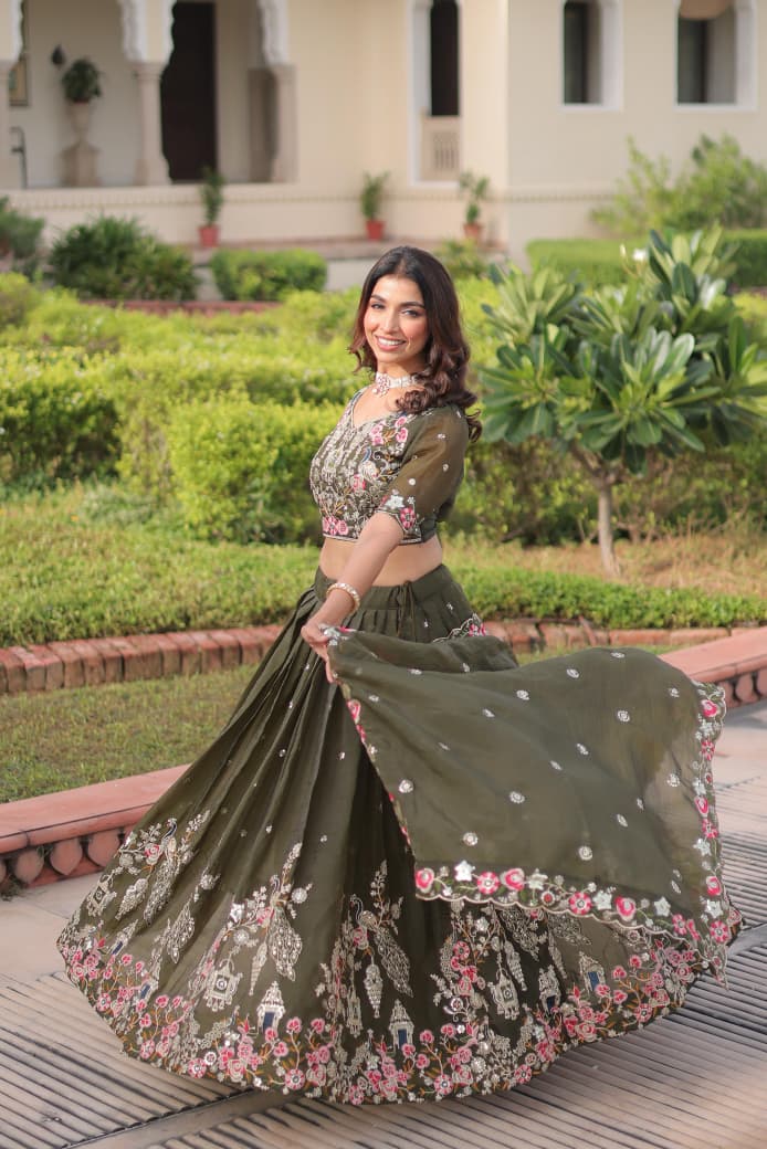 GOLD CRUSH LEHENGA CHOLI WITH SEQUINS ZARI EMBROIDERED DESIGN
