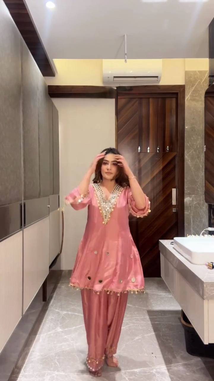 PEACH COSS MOSS SALWAR SUIT SET WITH MIRROR WORK