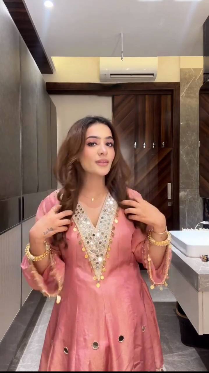 PEACH COSS MOSS SALWAR SUIT SET WITH MIRROR WORK