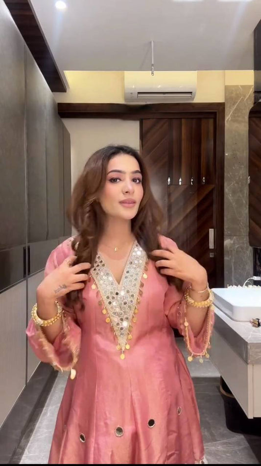 PEACH COSS MOSS SALWAR SUIT SET WITH MIRROR WORK