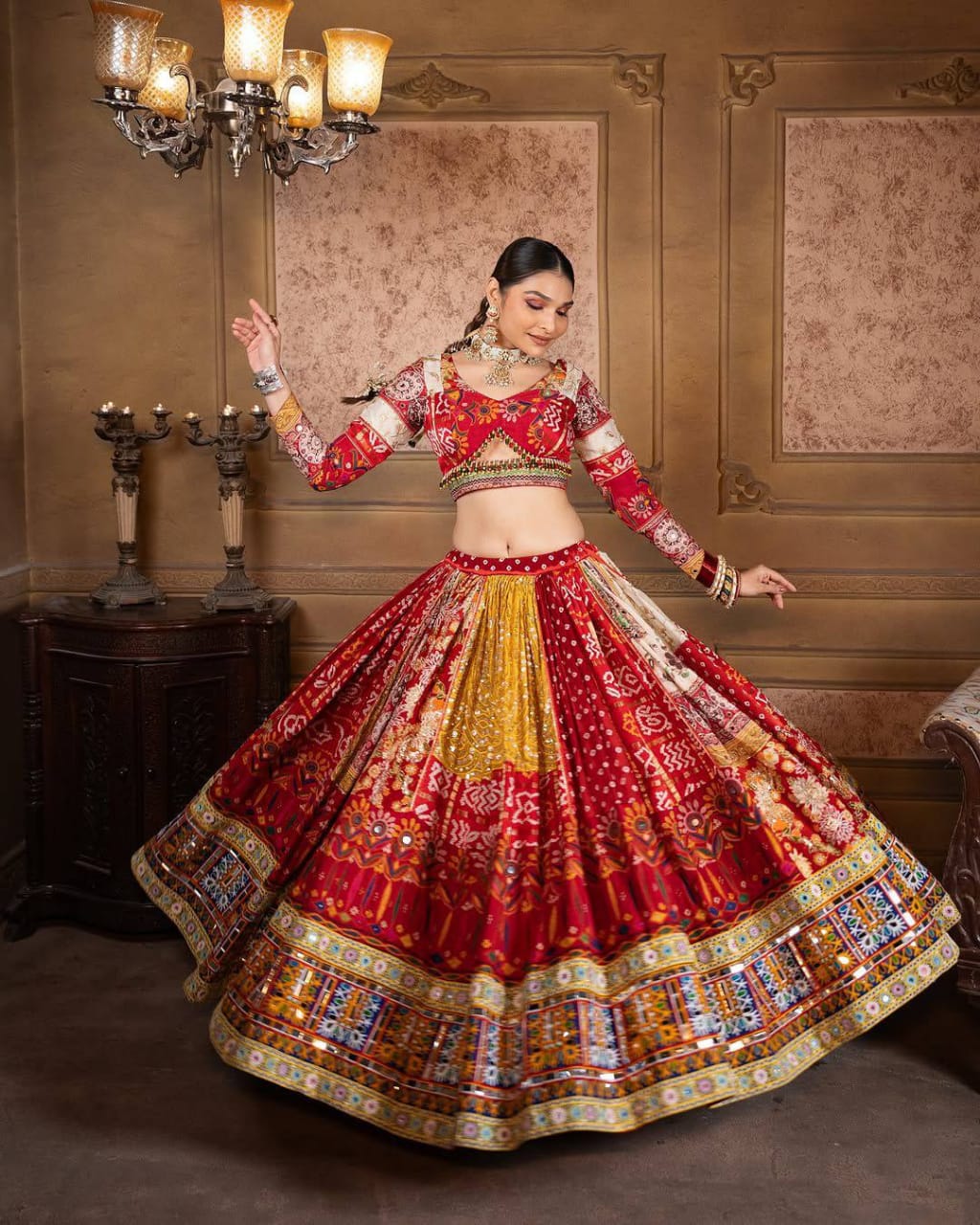 RED - CHANIYA CHOLI WITH BEAUTIFUL DIGITAL PRINT REAL MIRROR WORK