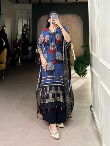 BLUE ELEGANT PURE VISCOSE HANDWORK KAFTAN WITH ZARI BORDER