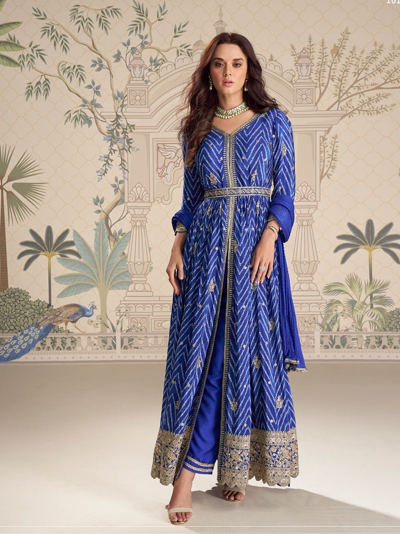 BLUE CHINON SILK SLIT FROCK STYLE ANARKALI GOWN