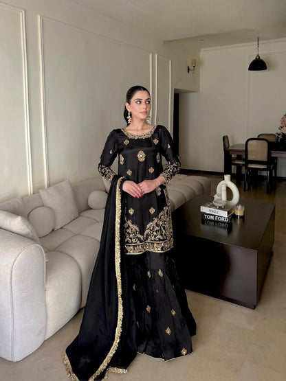 BLACK CHINON SILK SHARARA KURTA SET