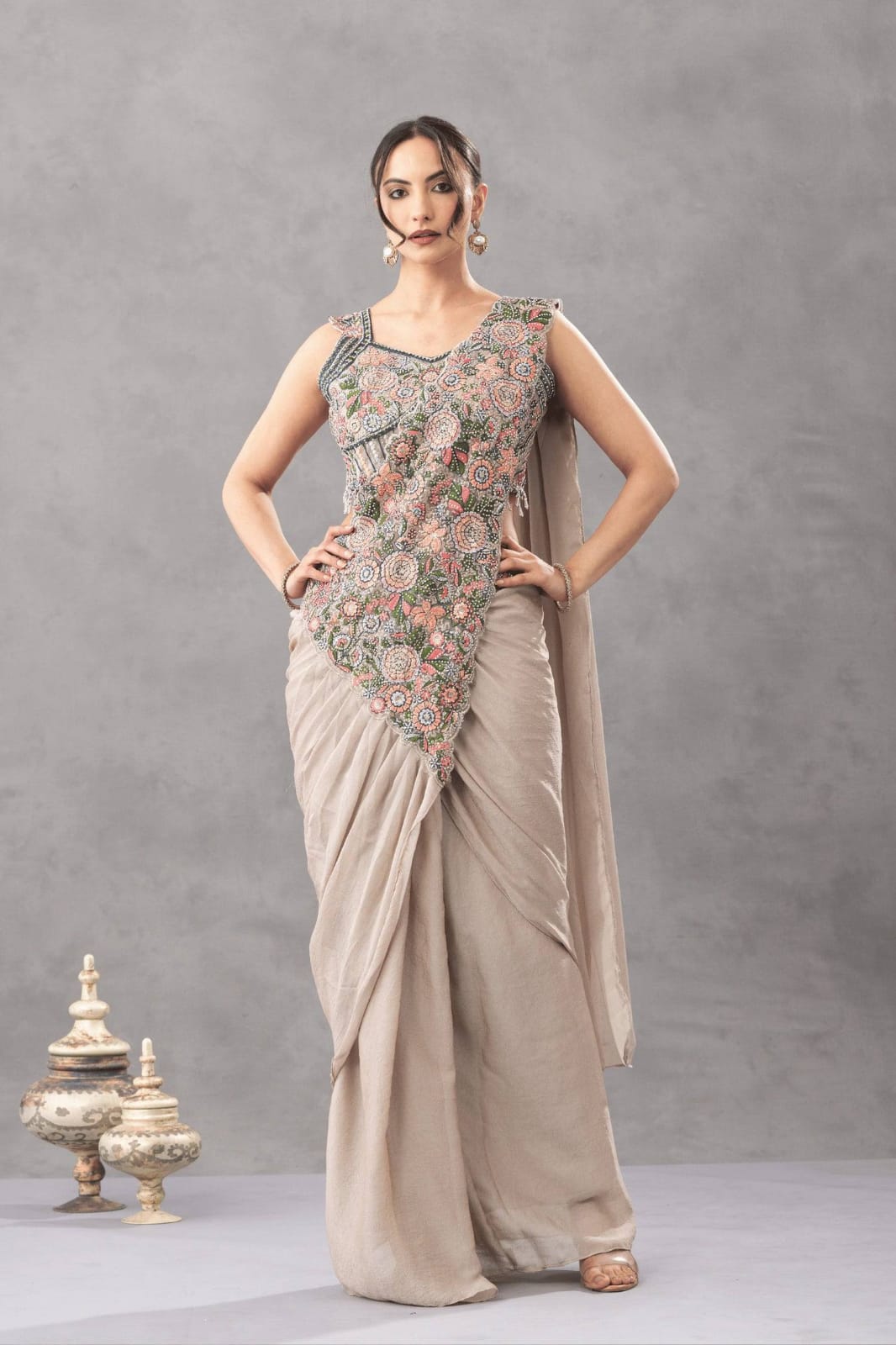 READY TO WEAR DRAPE SAREE WITH EMBROIDERY & DIAMOND WORK