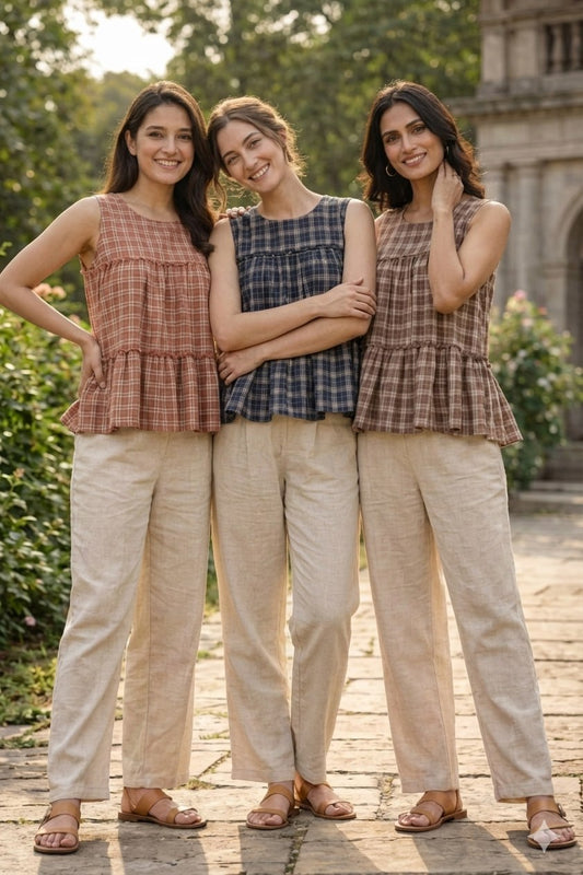 SUMMER WEAR LINEN TOP AND PANT WITH CHECKS PRINT