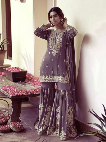 GREY CHINON SILK EMBROIDERED PAKISTHANI SHARARA SUIT