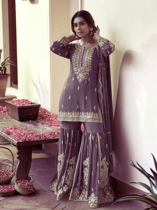 GREY CHINON SILK EMBROIDERED PAKISTHANI SHARARA SUIT