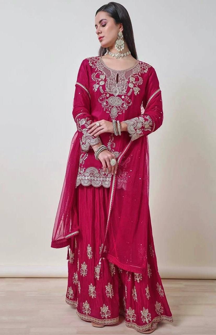 PINK ZARI EMBROIDERED CHINON SHARARA SET WITH DUPATTA