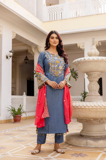 BLUE DENIM KURTA SET WITH HEAVY EMBROIDERY WORK
