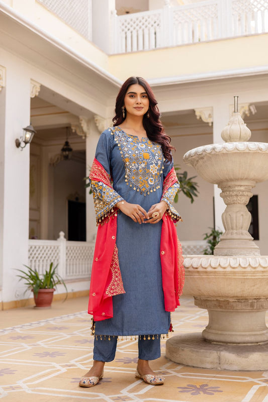 BLUE DENIM KURTA SET WITH HEAVY EMBROIDERY WORK