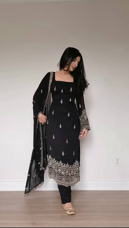 FAUX GEORGETTE EMBROIDERY SUIT SET WITH MOTI WORK CUTWORK DUPATTA