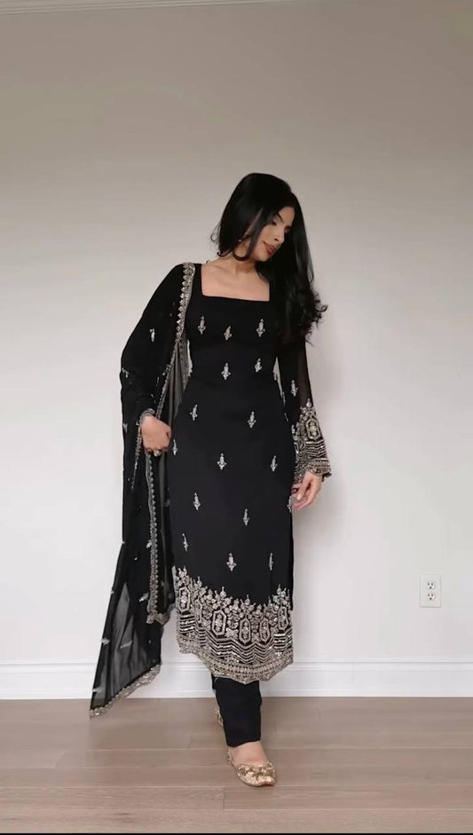 FAUX GEORGETTE EMBROIDERY SUIT SET WITH MOTI WORK CUTWORK DUPATTA