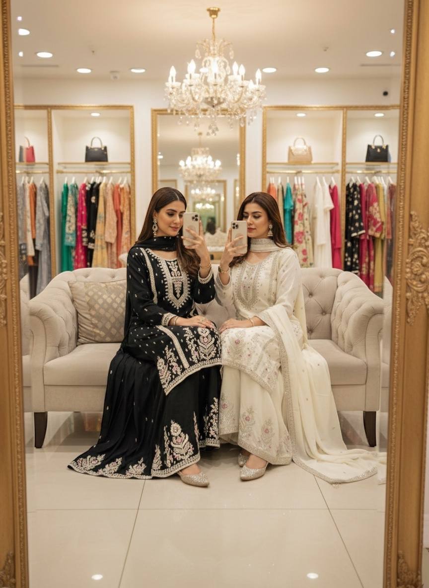 EMBROIDERED CHINON SILK SHARARA SUIT SET
