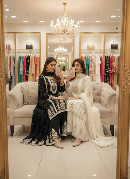 EMBROIDERED CHINON SILK SHARARA SUIT SET