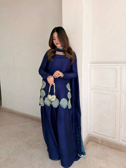 NAVY BLUE CREPE SILK FARSHI SALWAR SUIT WITH FLORAL EMBROIDERY