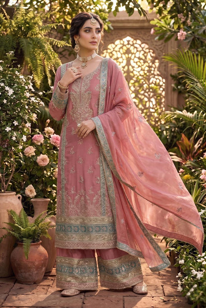 HEAVY CHINON EMBROIDERED KURTA PLAZZO SET