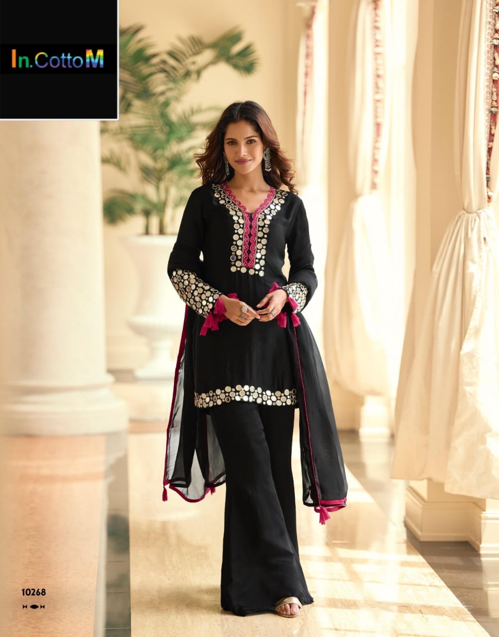 CREP SILK PLAZZO SUIT SET WITH REAL MIRROR & HAND WORK