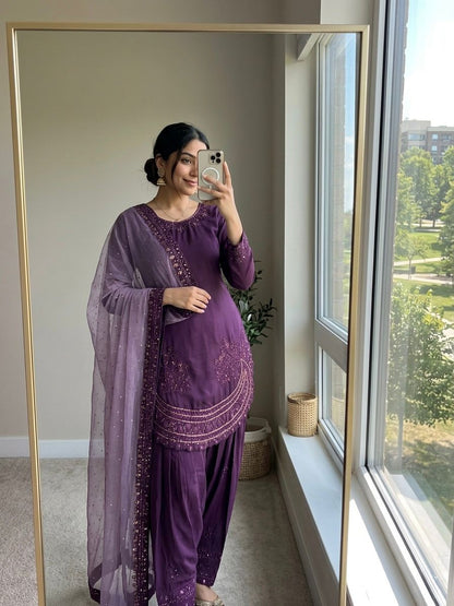 NATURAL CREPE TOP AND FARSHI PALAZZO SET WITH EMBROIDERED DUPATTA