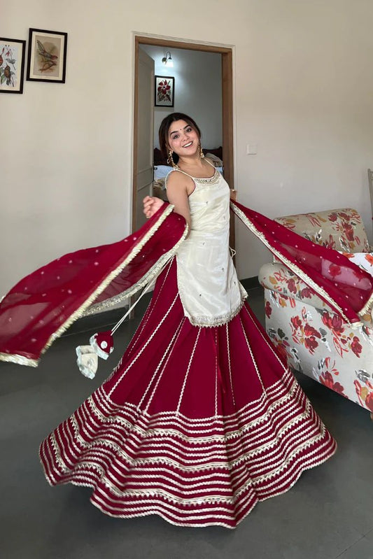 MAROON & WHITE FENDY SILK MIRROR WORK TOP PAIRED WITH  LEHENGA & MATCHING DUPATTA
