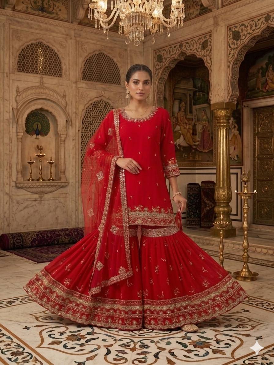 RED - SHARARA KURTA SET WITH DUPATTA