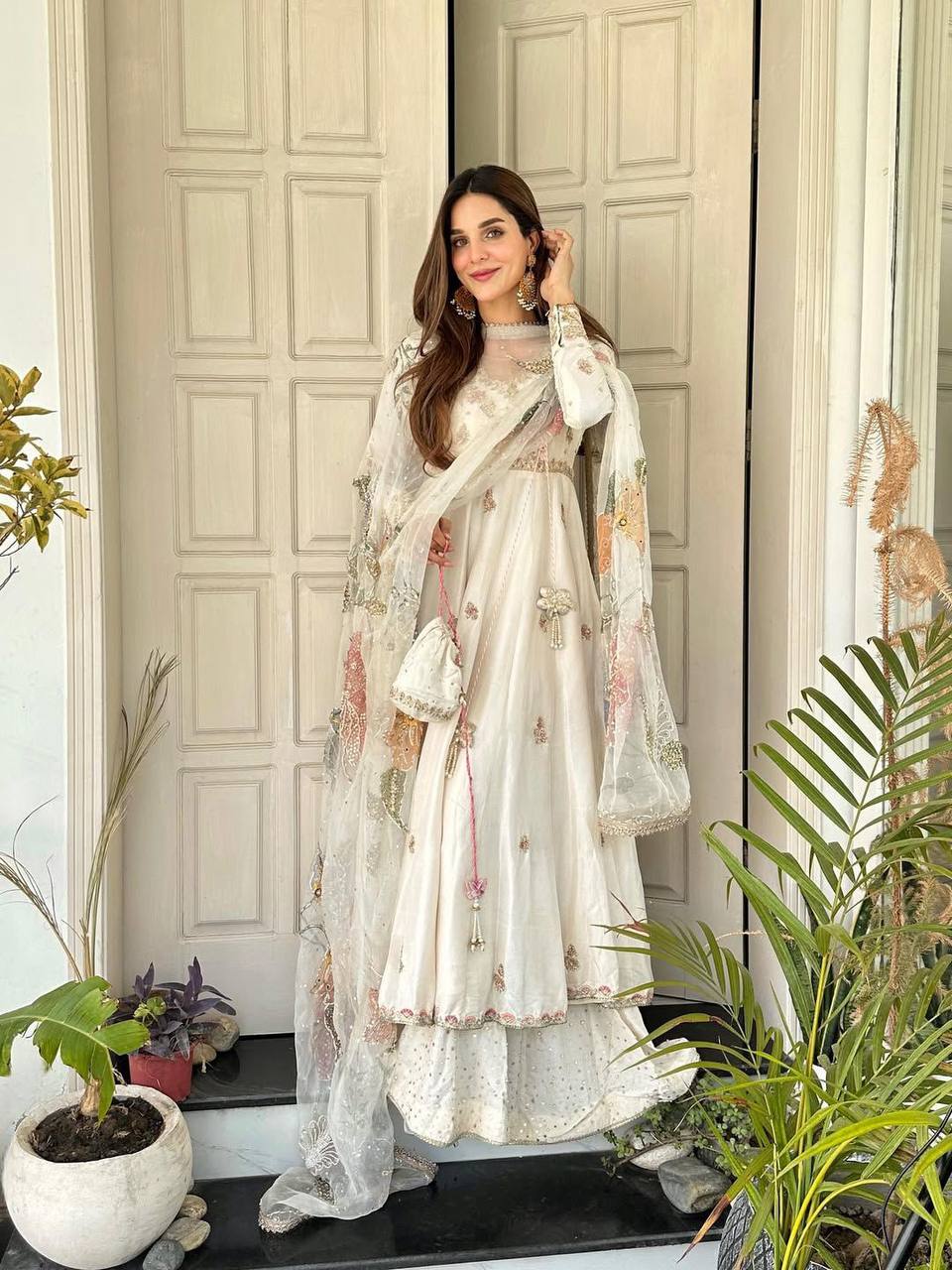 OFF-WHITE EMBROIDERED CHINON 3-PIECE GOWN SET WITH  ORGANZA DUPATTA