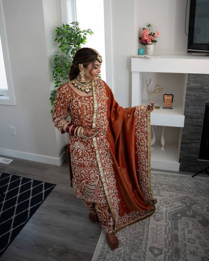 ORANGE HEAVY CRAPE SILK PUNJABI SUIT WITH FARSHI SALWAR