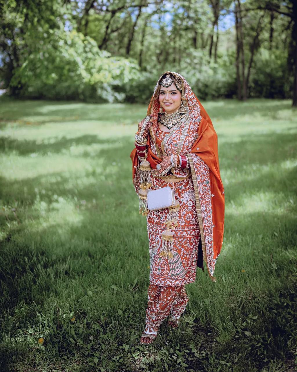 ORANGE HEAVY CRAPE SILK PUNJABI SUIT WITH FARSHI SALWAR