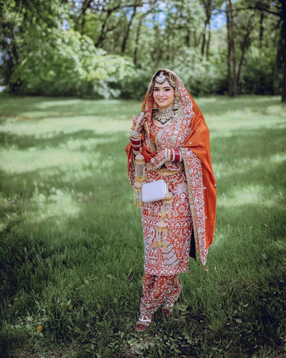 ORANGE HEAVY CRAPE SILK PUNJABI SUIT WITH FARSHI SALWAR