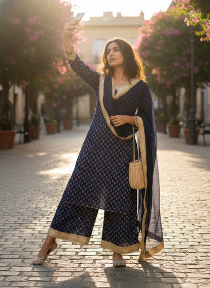 BLUE  V-NECK GEORGETTE DIGITAL PRINT KURTI PLAZZO SET