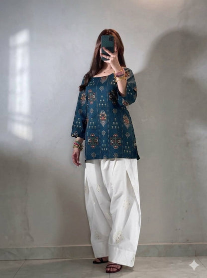 BLUE MUSLIN COTTON KURTI WITH WHITE FARSHI PLAZZO AND EMBROIDERY WORK