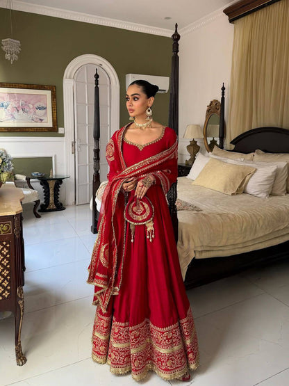 RED CHINON SILK EMBROIDERED ANARKALI GOWN SET