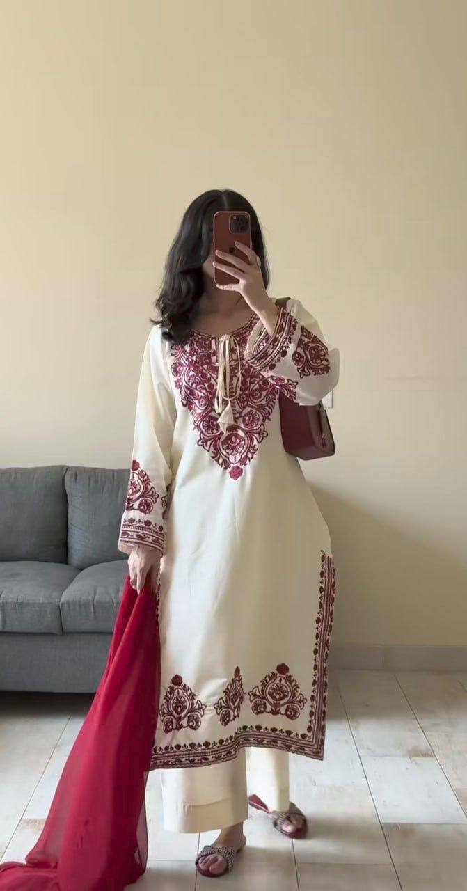 CREAM AND MAROON ROMAN SILK SALWAR SUIT SET