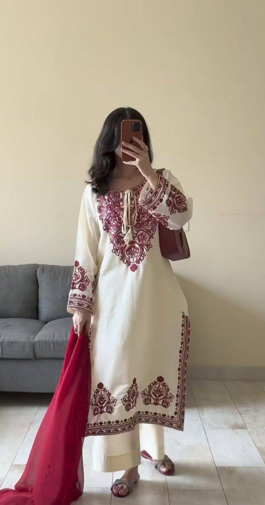 CREAM AND MAROON ROMAN SILK SALWAR SUIT SET