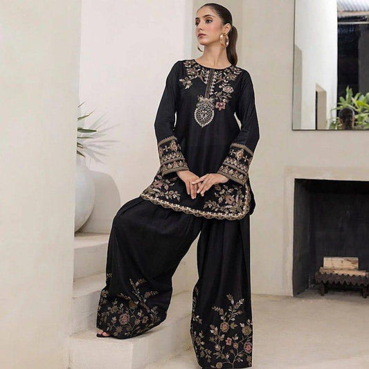 BLACK PAKISTHANI STYLE NATURAL CRAPE EMBROIDERED SALWAR SUIT