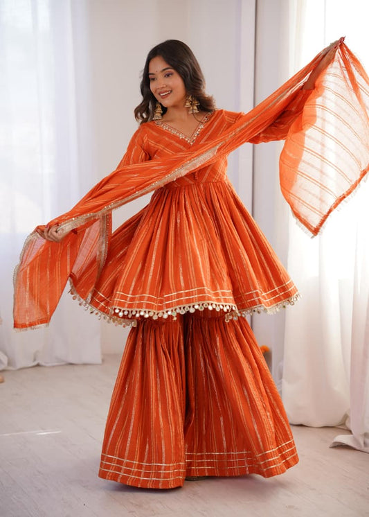 MAL CHANDERI WITH MIRROR & HAND WORK SHARARA SUIT