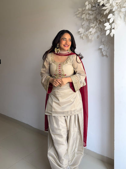BEIGE TEBBY ORGANZA EMBROIDERED SUIT SET WITH  FARSHI BOTTOM