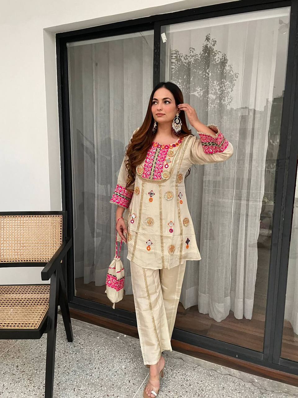 CREAM MIRROR WORK CO-ORD SET WITH SEQUENCE EMBROIDERY