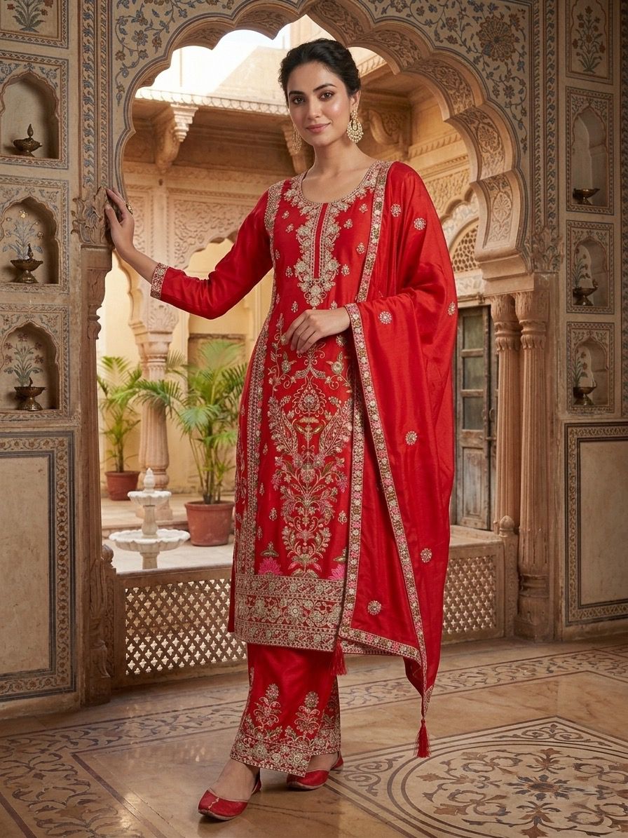CHINON SILK KURTI PLAZZO SET WITH DUPATTA