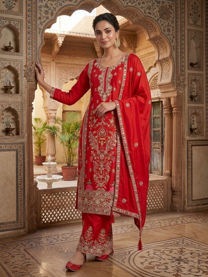 CHINON SILK KURTI PLAZZO SET WITH DUPATTA